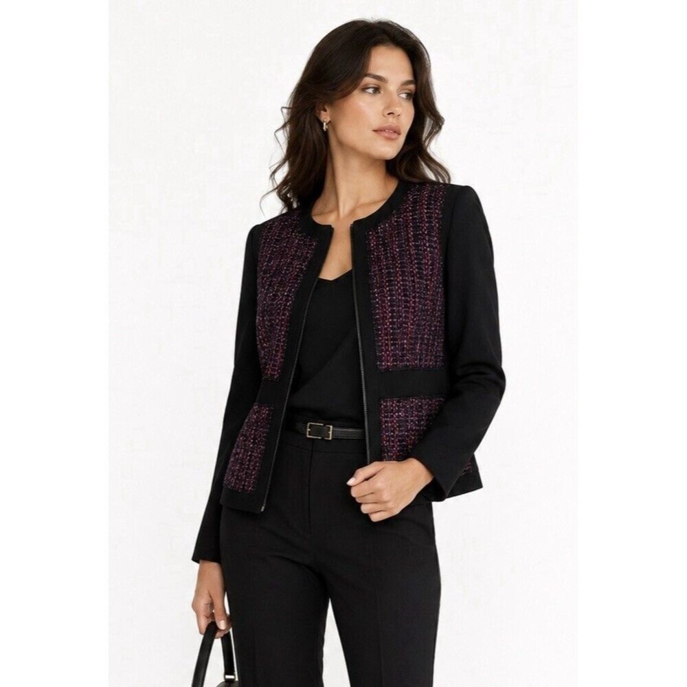 Trina Turk Bevy Tweed Zip Jacket Black Purple Wool Blend Career Office Blazer 8